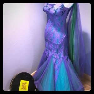 Vintage purple & teal poof dress with designer hat